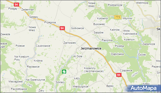 mapa Jerzmanowice gmina Jerzmanowice-Przeginia, Jerzmanowice gmina Jerzmanowice-Przeginia na mapie Targeo