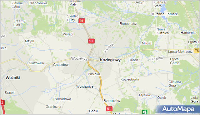 mapa Koziegłowy powiat myszkowski, Koziegłowy powiat myszkowski na mapie Targeo