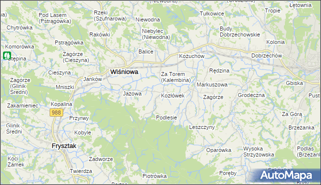 mapa Kozłówek gmina Wiśniowa, Kozłówek gmina Wiśniowa na mapie Targeo