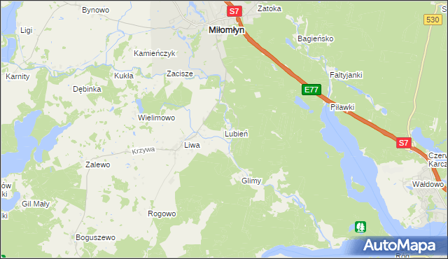 mapa Lubień gmina Miłomłyn, Lubień gmina Miłomłyn na mapie Targeo