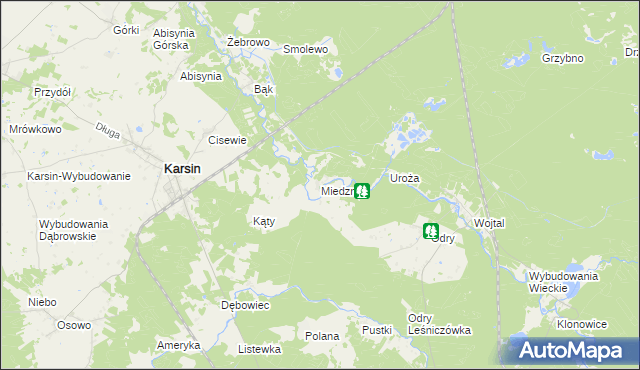 mapa Miedzno gmina Karsin, Miedzno gmina Karsin na mapie Targeo