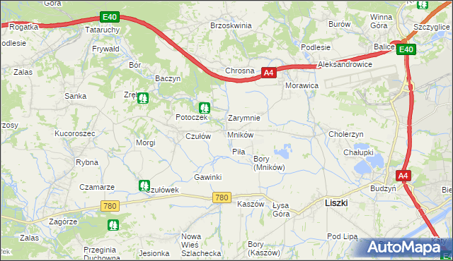 mapa Mników gmina Liszki, Mników gmina Liszki na mapie Targeo