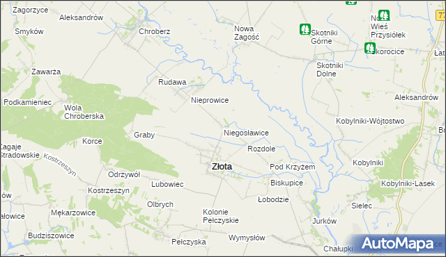 mapa Niegosławice gmina Złota, Niegosławice gmina Złota na mapie Targeo