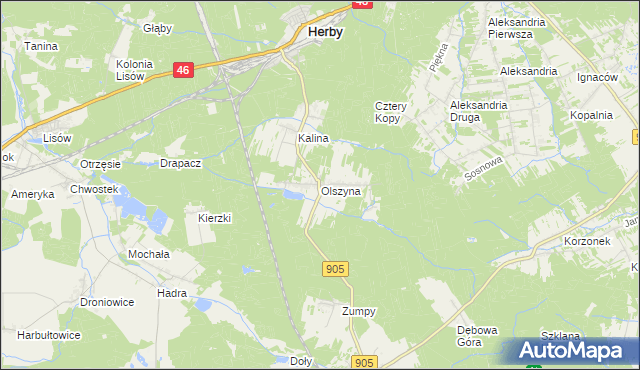 mapa Olszyna gmina Herby, Olszyna gmina Herby na mapie Targeo