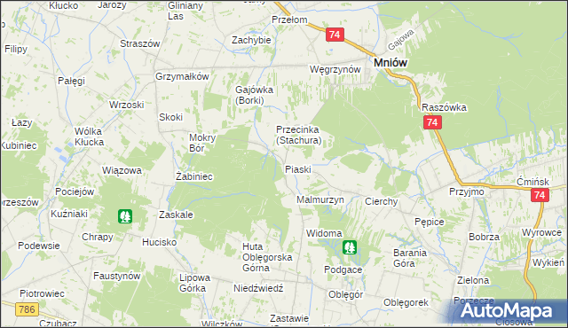 mapa Piaski gmina Mniów, Piaski gmina Mniów na mapie Targeo