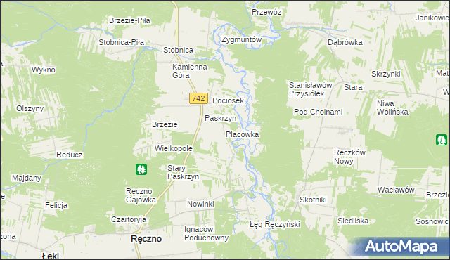 mapa Placówka gmina Ręczno, Placówka gmina Ręczno na mapie Targeo