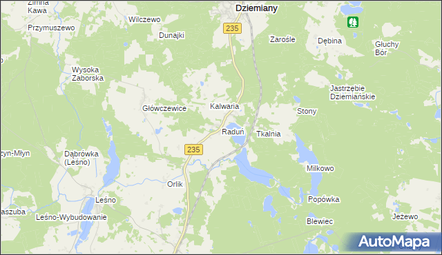 mapa Raduń gmina Dziemiany, Raduń gmina Dziemiany na mapie Targeo