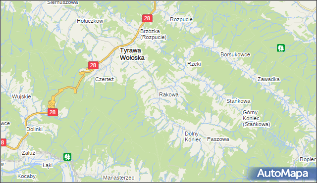 mapa Rakowa gmina Tyrawa Wołoska, Rakowa gmina Tyrawa Wołoska na mapie Targeo