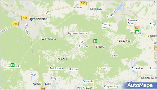 mapa Ryczów gmina Ogrodzieniec, Ryczów gmina Ogrodzieniec na mapie Targeo