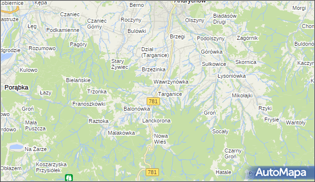 mapa Targanice, Targanice na mapie Targeo