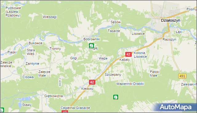 mapa Węże gmina Działoszyn, Węże gmina Działoszyn na mapie Targeo