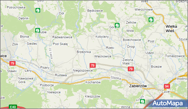 mapa Więckowice gmina Zabierzów, Więckowice gmina Zabierzów na mapie Targeo