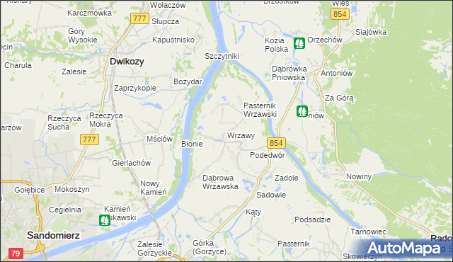 mapa Wrzawy gmina Gorzyce, Wrzawy gmina Gorzyce na mapie Targeo