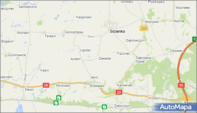 mapa Zawada gmina Sicienko, Zawada gmina Sicienko na mapie Targeo