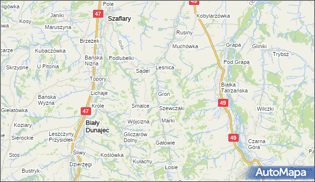 mapa Groń gmina Bukowina Tatrzańska, Groń gmina Bukowina Tatrzańska na mapie Targeo