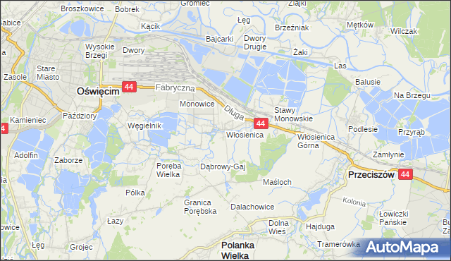 mapa Włosienica gmina Oświęcim, Włosienica gmina Oświęcim na mapie Targeo