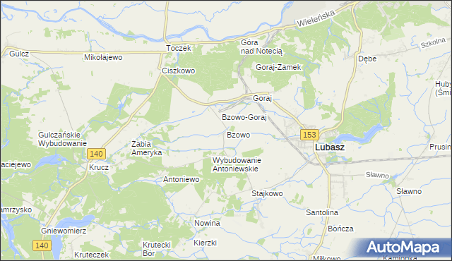 mapa Bzowo gmina Lubasz, Bzowo gmina Lubasz na mapie Targeo