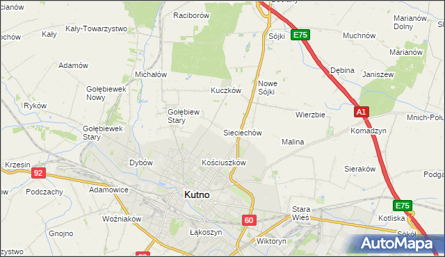 mapa Sieciechów gmina Kutno, Sieciechów gmina Kutno na mapie Targeo