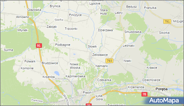 mapa Żelisławice gmina Siewierz, Żelisławice gmina Siewierz na mapie Targeo