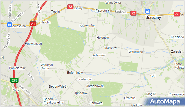 mapa Adamów gmina Brzeziny, Adamów gmina Brzeziny na mapie Targeo