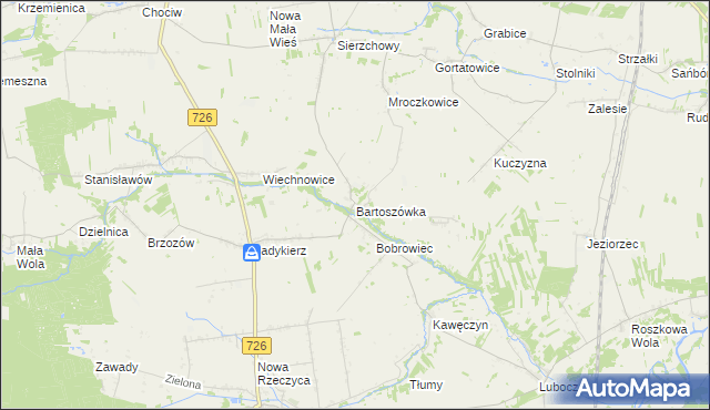 mapa Bartoszówka gmina Rzeczyca, Bartoszówka gmina Rzeczyca na mapie Targeo