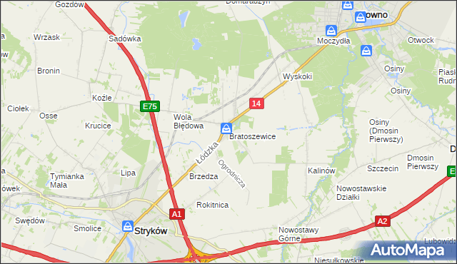 mapa Bratoszewice, Bratoszewice na mapie Targeo