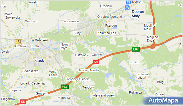 mapa Ostrów gmina Łask, Ostrów gmina Łask na mapie Targeo