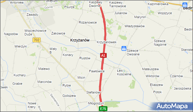 mapa Pawłowice gmina Krzyżanów, Pawłowice gmina Krzyżanów na mapie Targeo