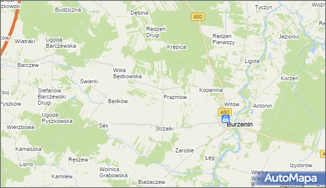 mapa Prażmów gmina Burzenin, Prażmów gmina Burzenin na mapie Targeo
