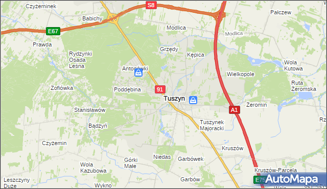 mapa Tuszyn powiat łódzki wschodni, Tuszyn powiat łódzki wschodni na mapie Targeo