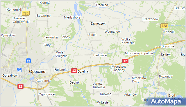 mapa Bielowice gmina Opoczno, Bielowice gmina Opoczno na mapie Targeo