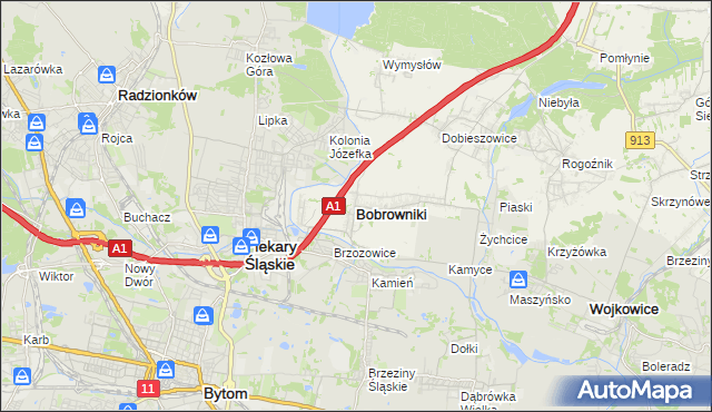 mapa Bobrowniki powiat będziński, Bobrowniki powiat będziński na mapie Targeo