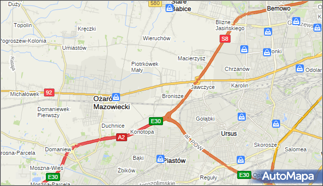 mapa Bronisze gmina Ożarów Mazowiecki, Bronisze gmina Ożarów Mazowiecki na mapie Targeo