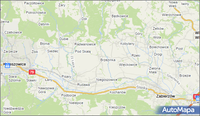 mapa Brzezinka gmina Zabierzów, Brzezinka gmina Zabierzów na mapie Targeo