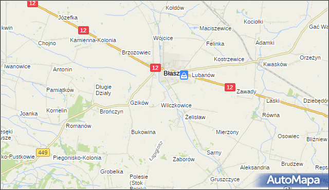 mapa Chrzanowice gmina Błaszki, Chrzanowice gmina Błaszki na mapie Targeo