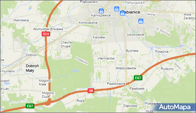 mapa Hermanów gmina Pabianice, Hermanów gmina Pabianice na mapie Targeo