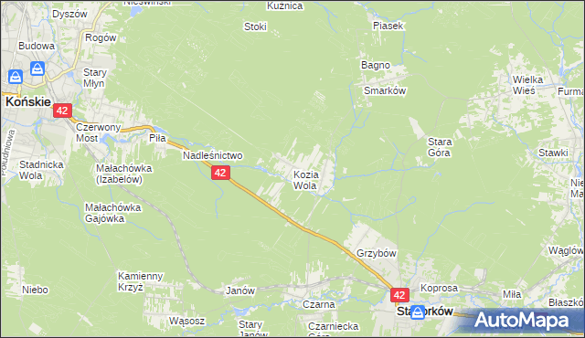 mapa Kozia Wola gmina Stąporków, Kozia Wola gmina Stąporków na mapie Targeo