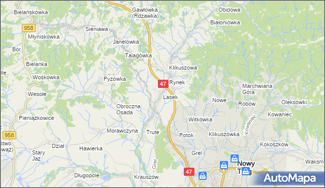 mapa Lasek gmina Nowy Targ, Lasek gmina Nowy Targ na mapie Targeo