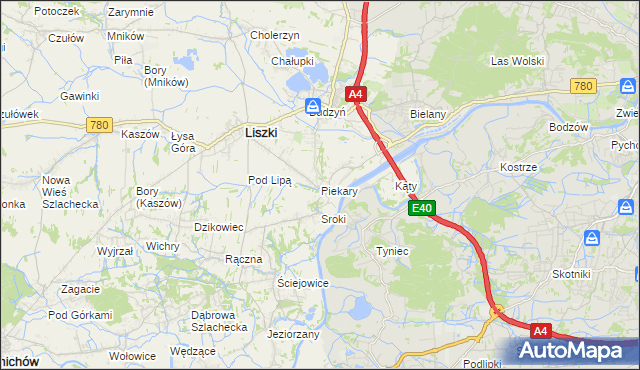 mapa Piekary gmina Liszki, Piekary gmina Liszki na mapie Targeo