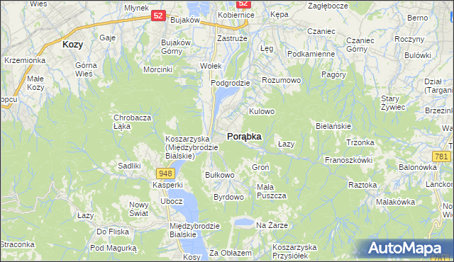 mapa Porąbka powiat bielski, Porąbka powiat bielski na mapie Targeo