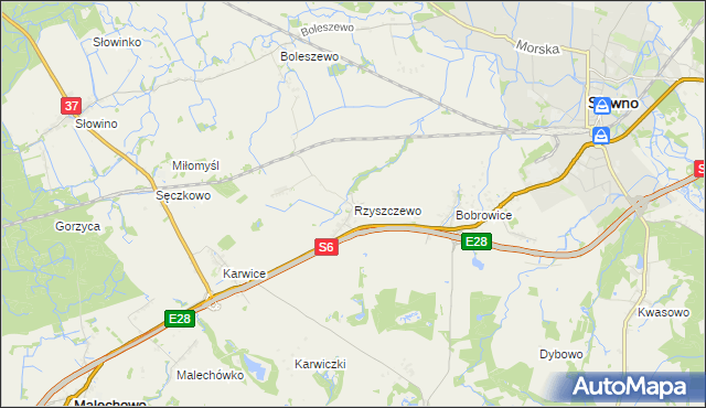 mapa Rzyszczewo gmina Sławno, Rzyszczewo gmina Sławno na mapie Targeo