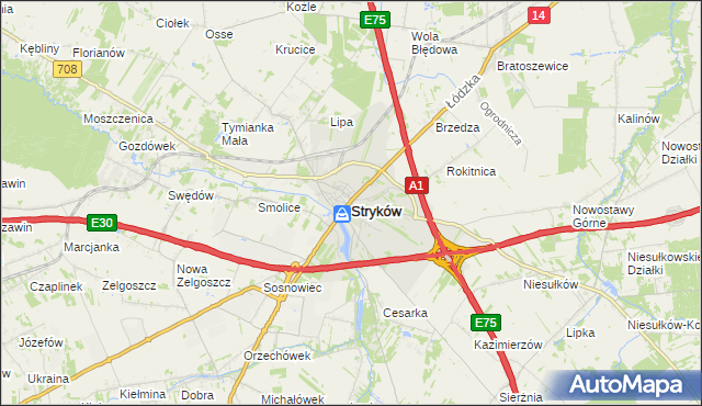 mapa Stryków powiat zgierski, Stryków powiat zgierski na mapie Targeo