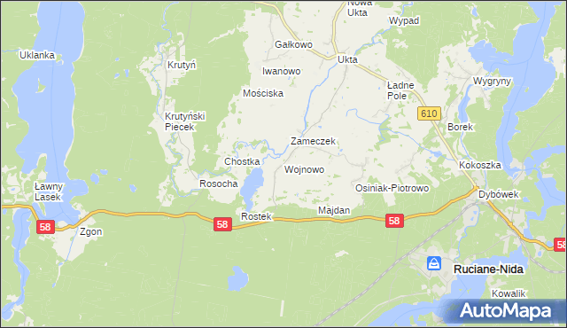 mapa Wojnowo gmina Ruciane-Nida, Wojnowo gmina Ruciane-Nida na mapie Targeo