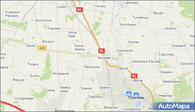 mapa Wróblew gmina Ozorków, Wróblew gmina Ozorków na mapie Targeo