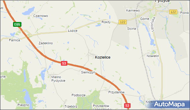 mapa Kozielice powiat pyrzycki, Kozielice powiat pyrzycki na mapie Targeo