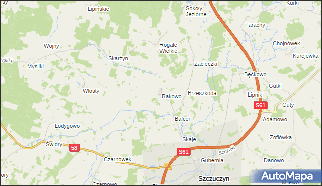 mapa Rakowo gmina Szczuczyn, Rakowo gmina Szczuczyn na mapie Targeo