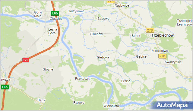 mapa Głęboka gmina Trzebiechów, Głęboka gmina Trzebiechów na mapie Targeo