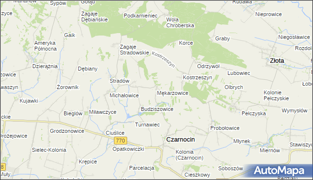 mapa Mękarzowice gmina Czarnocin, Mękarzowice gmina Czarnocin na mapie Targeo