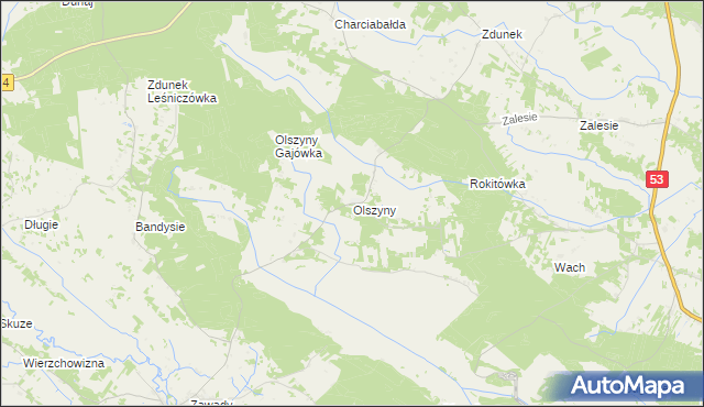 mapa Olszyny gmina Myszyniec, Olszyny gmina Myszyniec na mapie Targeo