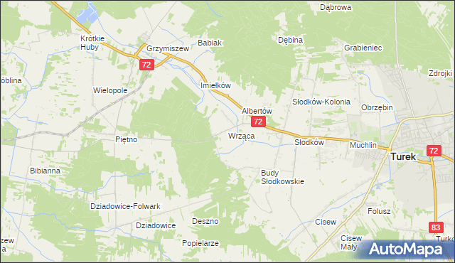 mapa Wrząca gmina Turek, Wrząca gmina Turek na mapie Targeo